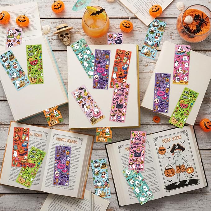 Summer Colorful Reading Bookmark - 120pcs Summer Book Marks Bulk for Book Club Lovers, Gothic Ice Cream Watermelon Spooky Halloween Ghost Double-Sided Bookmark Fantasy Merch for Bookish Gift