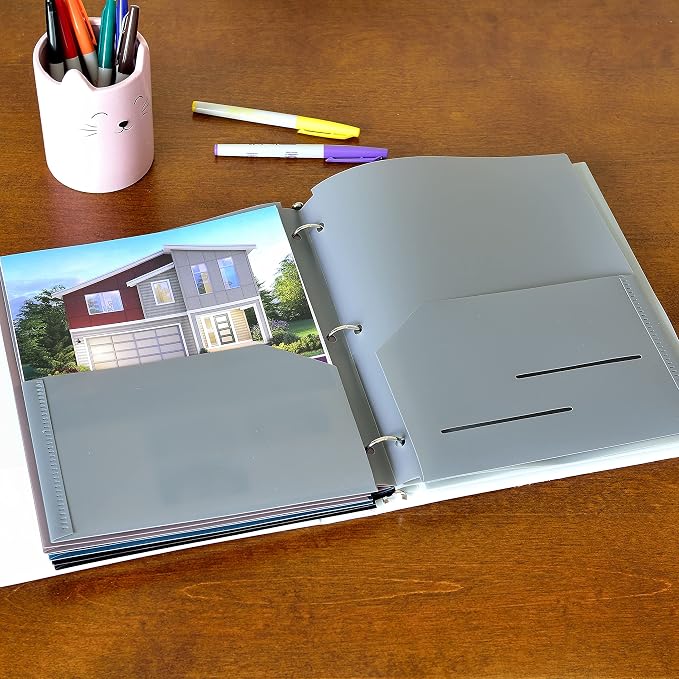 Youngever 12 Pack Heavy Duty Plastic Two Pocket Folders, Binder Dividers with Pocket, 3 Hole Punch Folder with Notches, Binder Folders