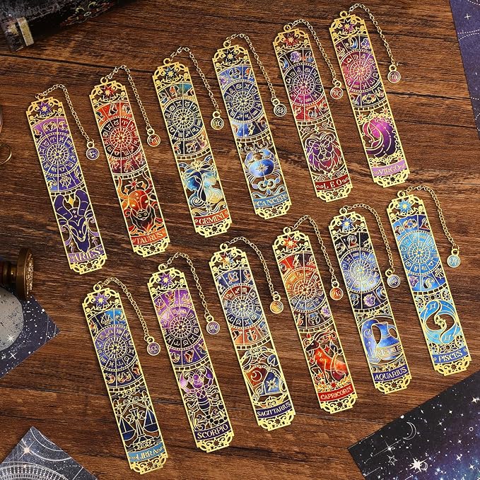 12 PCS Zodiac Theme Metal Bookmark for Women, Gold Hollow Astrology Bookmarks Set Funny Book Mark for Girls, Teenage, Student, Readers, Men, Horoscope Themed Gifts for Book Lovers, Birthday Present