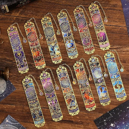 12 PCS Zodiac Theme Metal Bookmark for Women, Gold Hollow Astrology Bookmarks Set Funny Book Mark for Girls, Teenage, Student, Readers, Men, Horoscope Themed Gifts for Book Lovers, Birthday Present