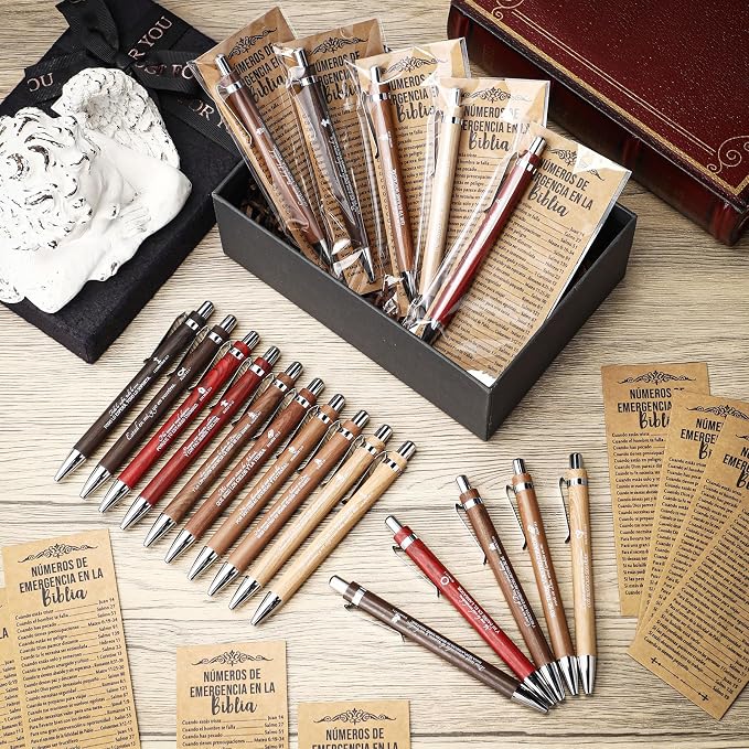 Feifeiya 25 Sets Christian Fathers Day Pens Bulk Bible Verse Religious Ballpoint Bamboo Pens with Bible Verse Emergency Numbers Bookmarks Church Gifts for Women Men Pastor Godfather Teacher (Spanish)