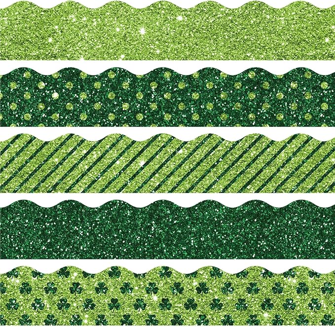 Whaline 69 Ft St. Patrick's Day Glitter Bulletin Board Borders 5 Designs Shine Green Shamrock Clover Stripe Dot Border Trim Bulletin Board Stickers for Classroom Office Irish Party Decor