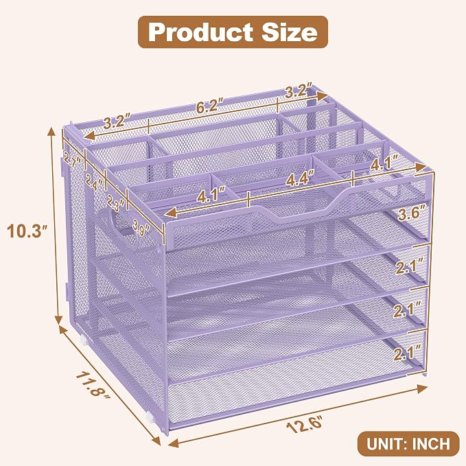 Docnest 5 Tier Letter Tray with Hanging File Organizer-Mesh Desk Organizer-Desktop Storage Box Built in Pen Holder and Handles, File Folder Holder for Mail Documents Office Supplies-Purple