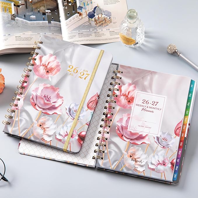 Bushypushy Planner 2026-2027 - Acdemic Planner 2026-2027 with Tabs, Jul. 2026 - Jun. 2027, 26-27 Calendar planner, Weekly and Monthly planner, 6.3" x 8.4", Back Pocket + Thick Paper - Pink Flower