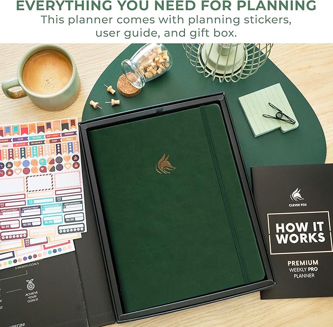 Clever Fox Planner PRO Premium Jan 2026-Jan 2027 – Luxurious Weekly, Monthly & Budget Agenda Organizer for Productivity & Reaching Goals, A4 Hardcover + Keepsake Box – Forest Green