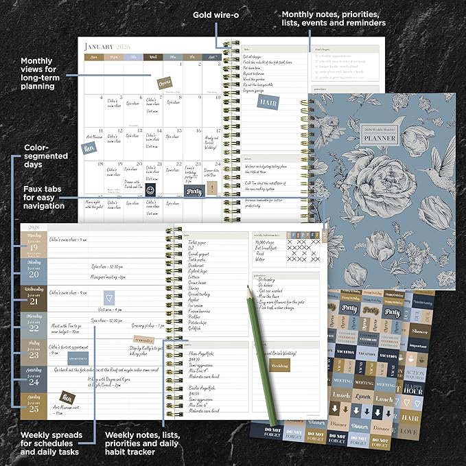 TF Publishing 2026 Garden Roses Medium Weekly Monthly Planner with 12-Month Calendar Grid, Notes, and Priorities Section - Weekly Schedule Planner with Habit Tracker and Stickers - 6.5in x 8in