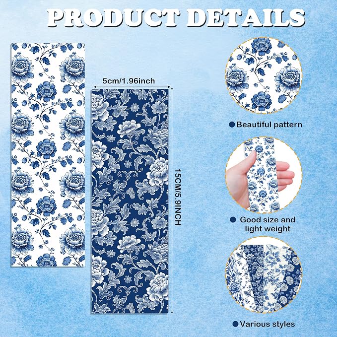 Blue and White Floral Paper Bookmarks Set, 100 Pcs Chinoiserie Style Double-Sided Matte Laminated Book Marks, Elegant Reading Accessories Gifts for Women and Book Lovers