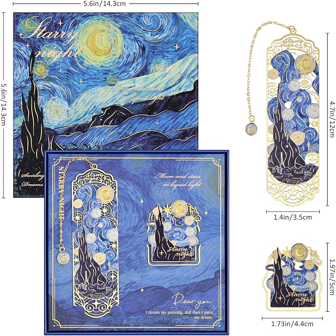 Luxury Metal Bookmark & Book Clip Gift Set, Oil Painting Themed Starry Night, 1 Bookmark with Pendant + 1 Book Clip, Elegant Christmas New Year Gift Box for Women Book Lovers Writers Readers Teens