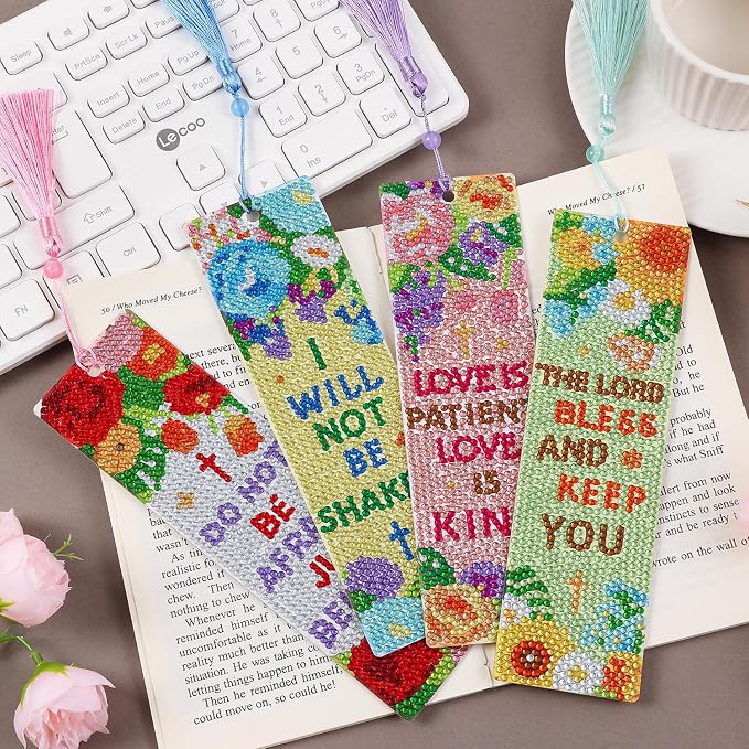 4 Pcs Flower Diamond Painting Bookmark for Books, Journals, Planners｜DIY Diamond Art Kits for Reading Women & Men｜Beautiful Book Marks Gifts for Book Lovers｜Reading Accessories for Adults & Kids