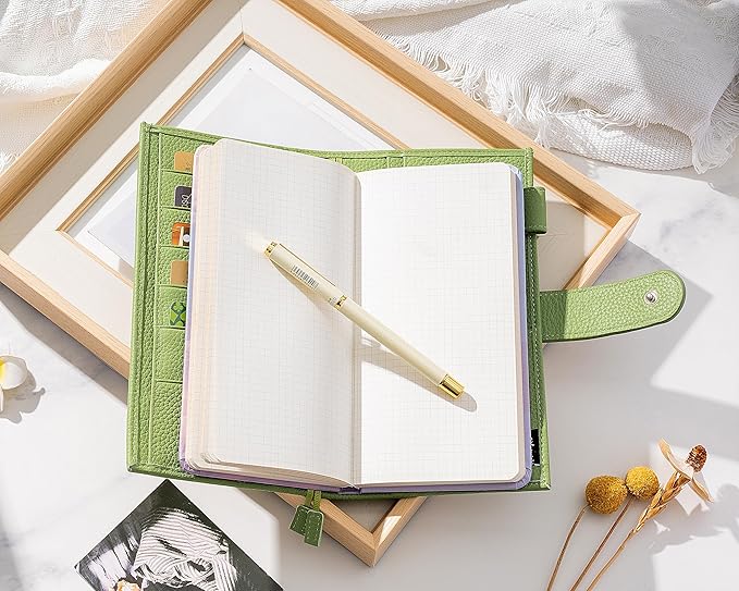 Genuine Leather Cover for Hobonichi Weeks/Weeks Mega with Pen Loop, Card Slots, Back Pocket, and Bookmarks (Green)