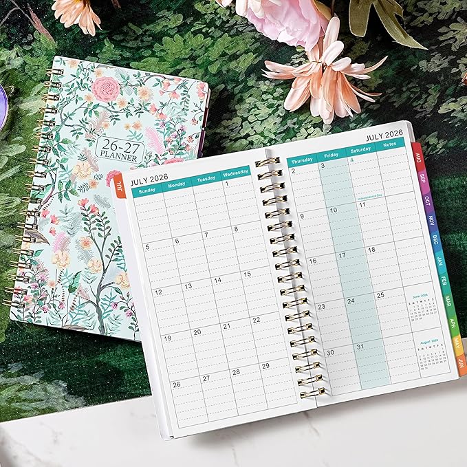 Pocket Calendar 2026-2027 - 2026-2027 Pocket Planner for Purse, Jul. 2026 - Jun. 2027 Planner Weekly and Monthly, 4.1'' × 6.8'', 12 Months Tabs, Strong Twin-wire Binding, Floral Cover