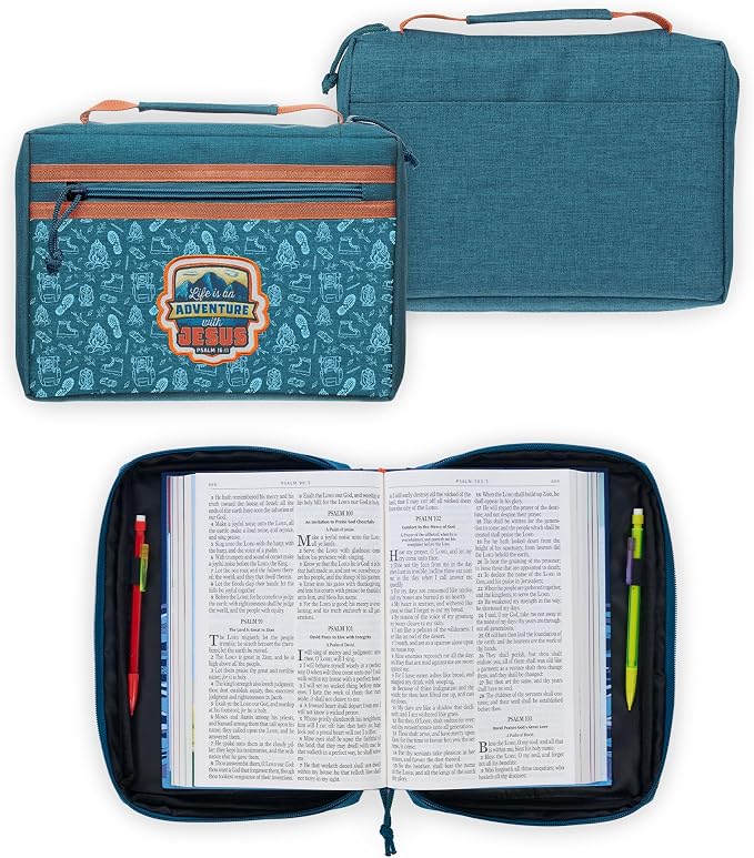 Christian Art Gifts Premium Polyester Bible Cover: Adventure with Jesus, Zippered Pocket Storage, Pen Loops, Protective Book Carry Case Accessory, Encouraging Gift, Teal & Orange Outdoor Theme, Medium