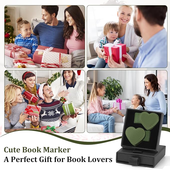 2Pcs Magnetic Leather Heart Bookmarks with Pen Holder, Cute Book Markers Clip with Gift Box, Reading Accessories for Book Lovers Women Teachers Students, Dark Green