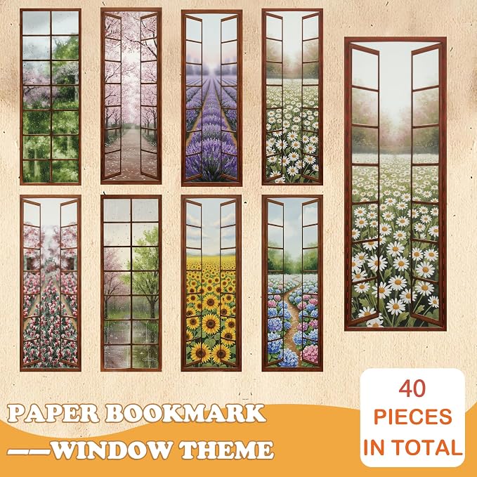 40 Pcs Window View Paper Bookmarks, Aesthetic Flower Reading Book Marks for Women Men, Vintage Scenery Bookmark Set Gifts for Book Lovers Teachers Students Office Workers