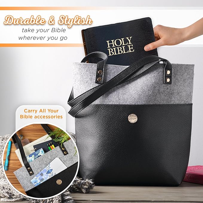 Christian Art Gifts Felt and Faux Leather Fashion Bible Tote Bag for Women: Love Never Fails - 2 Corinthian 13:8 Inspirational Bible Verse, Black and Gray Tote Bag for Travel, Books & School Supplies