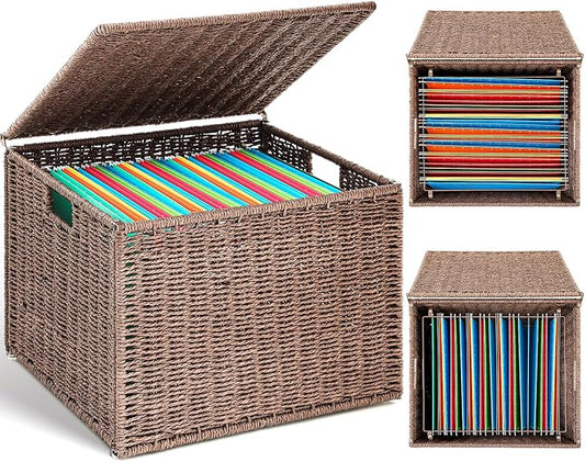 Cinnvoice Extra Large Decorative File Box 18 x 16 x 13 in Wicker Seagrass File Basket Organizer for Letter Legal Size Hand Woven Hanging Filing Cabinet with Lid for Office Paper Rope, Dark Brown