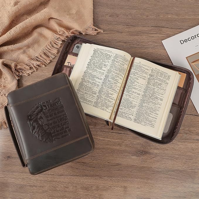 Polare Full Grain Leather Bible Cover Church Bag 10.5x7.75x2.25 inch Carrying Book Case Bible Protective with Handle and YKK Zipper Christian, Religious Gifts for Men Women