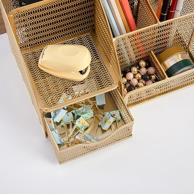Martha Stewart Ryder Gold Mesh Metal Small Desktop Organizer for Office Accessories, Notebooks, Pen Holder and Drawer