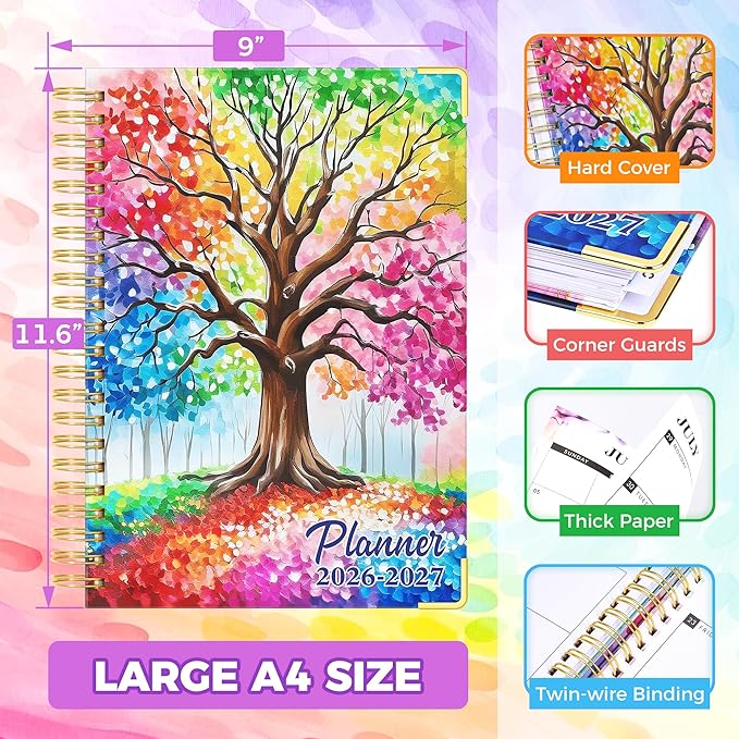 Planner 2026-2027, 18 Month Weekly and Monthly Planner, Jan. 2026 - Jun. 2027, 9" x 11.6" A4 Large Hardcover Calendar Planner with Page Tabs, Separator Page, Inner Pocket, Bookmark, Stickers, Sticky Note Set