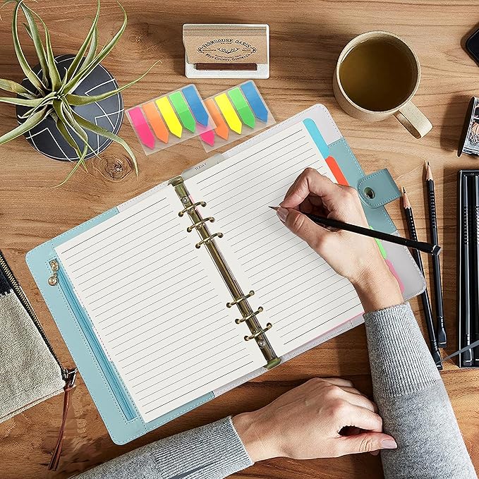 Harphia A5 6 Holes Binder Refill Value Set, 90sheets rulled line loose leaf paper with stickers and dividers, planner inserts with binder pockets for A5 binder 6 holes refillable notebook,005da5line