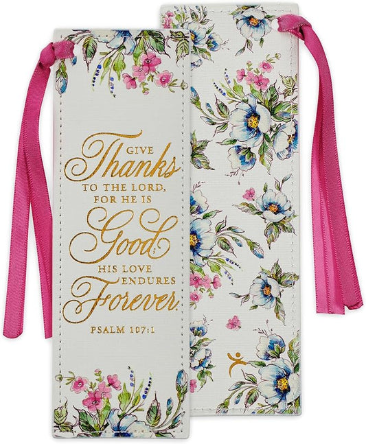 Christian Art Gifts Premium Vegan Leather Scripture Bookmark for Woman: Give Thanks - Psalm 107:1 Inspirational Bible Verse, Pink Satin Ribbon, Reading Accessory, Books, Bibles, White Floral with Gold