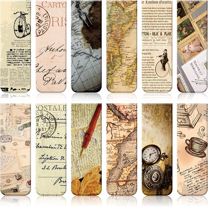 Tenare 12 Pcs Magnetic Bookmarks 12 Style Magnet Page Markers Assorted Bookmarks Clips for Reading Double Side Bookmark for Women Men Students Teachers End of School Year Gifts for Kids Bulk(Retro)