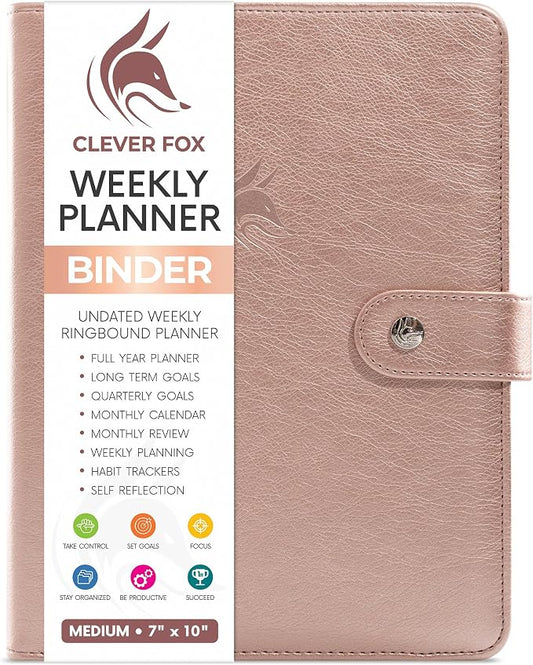 Clever Fox Weekly Planner Binder – Goal Setting Planner for Time Management & Weekly Tasks – Work & Life Organizer with To Do List & Habit Tracker – Undated, 7″ x 9″ Hardcover (Rose Gold)