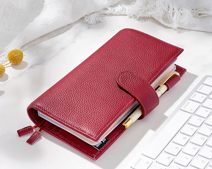 Genuine Leather Cover for Hobonichi Weeks/Weeks Mega with Pen Loop, Card Slots, Back Pocket, and Bookmarks (Red)