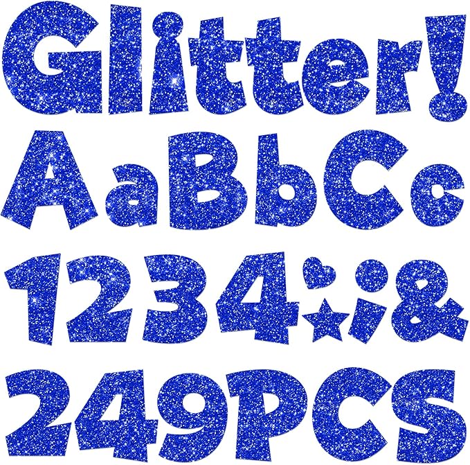 249 Pcs Glitter Bulletin Board Letters Numbers and Punctuation, 4 Inch Alphabet Poster Board Cardboard Letter Cutouts with Adhesive Dots for Classroom Bulletin Board School Decorations (Blue)