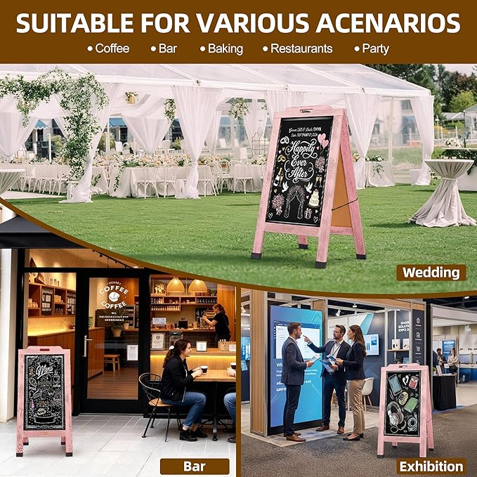 Magnetic Portable A-Frame Chalkboard Signs, 40" x 20" Large Wood Sandwich Board Signs Outdoor, Double-Sided Sidewalk Standing Chalk Board for Business, Wedding, Vendor Display, Coffee Shope - Pink