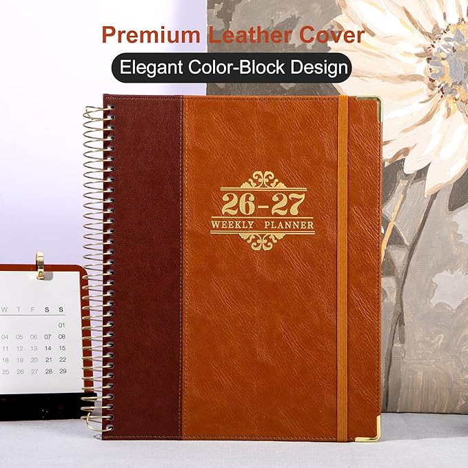 Planner 2026-2027, Leather Two-Tone Planner, 18 Month Weekly and Monthly Planner Calendar with Tabs, Jul 2026–Dec 2027, Large 8.5" x 11" A4 Hardcover Spiral Agenda Planner for Home, School and Work （Rust Brown）