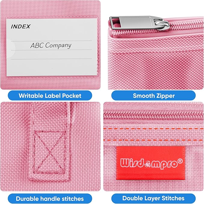 Wisdompro Waterproof Zipper Pouch, Large Mesh File Bag with Handle, Durable Triple Pocket Document Storage for Cross Stitch, Puzzle Project, Travel and Office - Pink