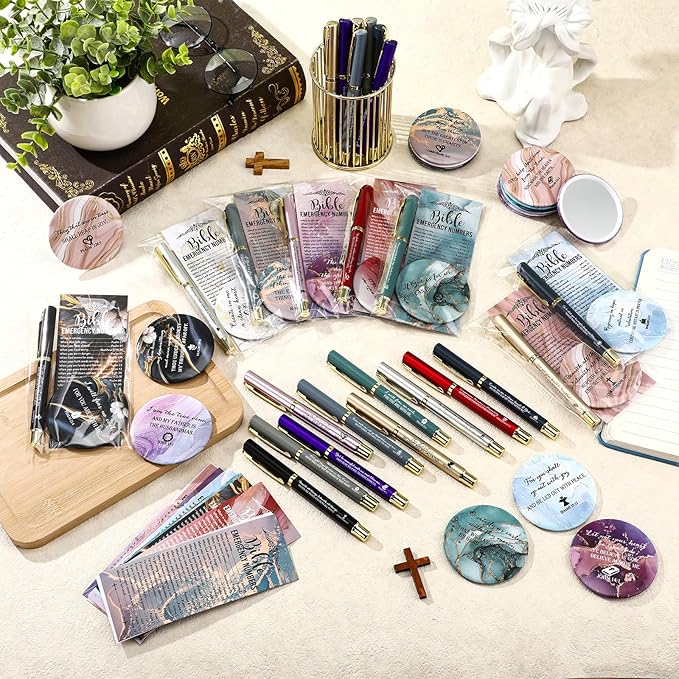 Sayglossy 50 Sets Mother's Day Women Christian Gifts Bulk Bible Verse Gel Pens Religious Compact Mirrors Emergency Bookmarks for Mother Grandmother Daughter Bible Study Group (Watercolor)