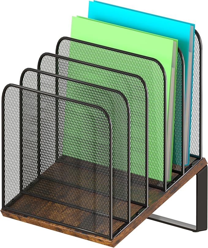 Piskyet Wooden Desk File Organizer, 5-Section Vertical File Folder Holder Stand,Metal Mail Paper Chromebook Organizer for Teacher Desk Office Classroom Desktop Organization（Inclined）