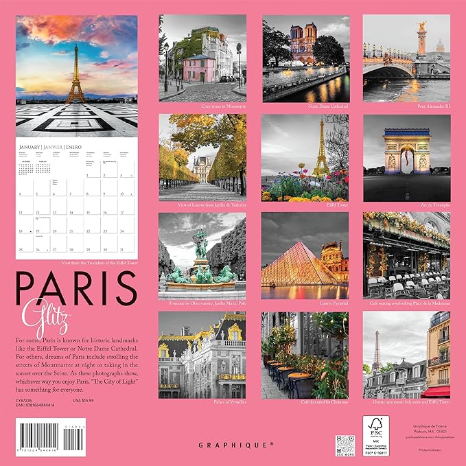 Graphique 2026 Paris Glitz Wall Calendar | 12” x 12” | Thick Paper | Home & Office Organizer | Large Monthly Grid | 3 Languages & Marked Holidays | 4 Month Preview Page for 2027