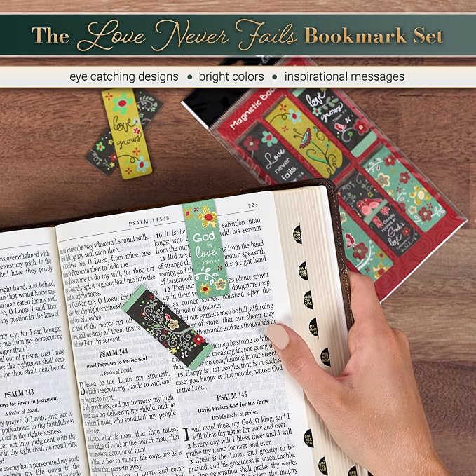 Christian Art Gifts Magnetic Scripture Bookmark Set with Bible Verse: God's Love Never Fails - Inspirational Magnetic Pagemarkers Set of 6 for Bible and Books, Floral Themed Bookmark, Size 2.3" x 0.8"