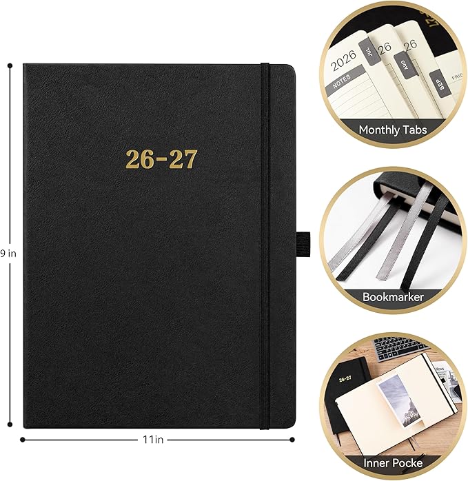 2026-2027 Planner - Weekly and Monthly Planner 2026-2027, Jul.2026 - Jun.2027, 9" x 11", 26-27 Calendar Planner with Inner Pocket + Bookmarks+ Leather Hardcover, Black