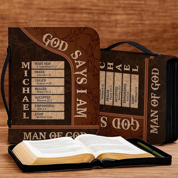 Personalized Man of God Bible Cover, God Says I Am Bible Case PU Leather, Bible Holder Handle Zipper, Faith Scripture with Name Case Bag, Religious Gifts for Church Christians Women Men
