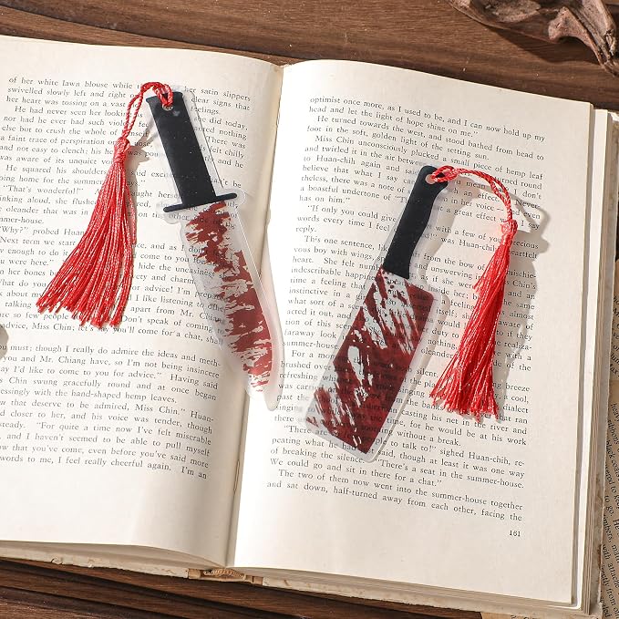 Halloween Horror Bookmarks Gifts - 8 Pcs Blood Knife Bookmark for Crime Books Lovers Spooky Novelty Book Markers with Red Tassels Gothic Reading Accessories Birthday Holiday Gift