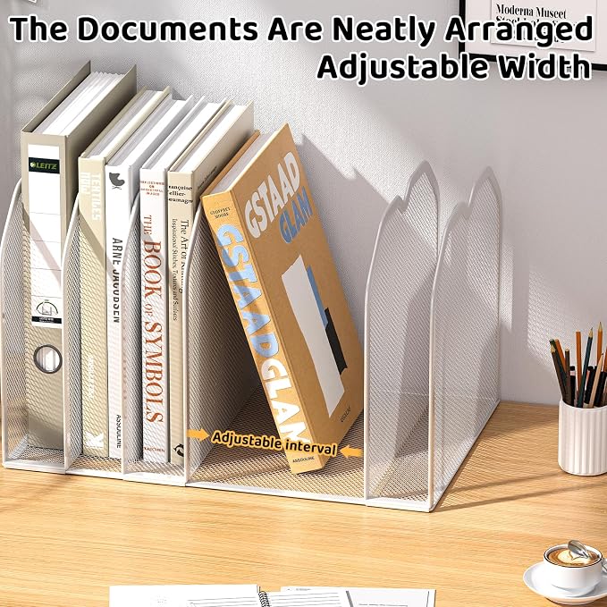 FANXIYQ White 7-Section File Folder Organizer for Desk, Metal Vertical File Holder Stand, Desktop File Organizer Rack for Letter/A4 Folders, Papers, Books, Office Classroom Home