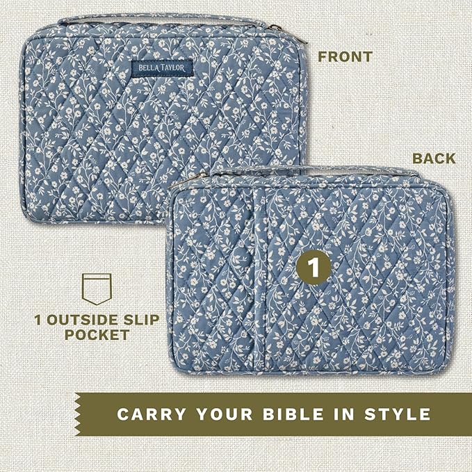 Bella Taylor Small Bible Cover for Women, Quilted Cotton Fabric Bible Case for 6 x 9 inch Bibles, Heritage Blue Floral