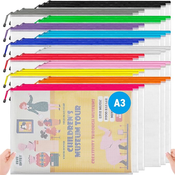 JARLINK A3 (16.5x12.6 in, 36 Pcs) Mesh Zipper Pouch, 12 Colors Extra Large Zipper Bags, Waterproof File Pouches for Office Supplies, Puzzles, Board Game, School, Travel Accessories & Craft Projects