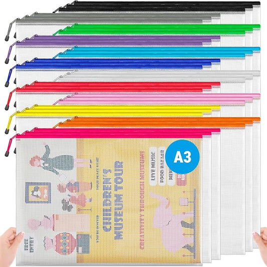 JARLINK A3 (16.5x12.6 in, 36 Pcs) Mesh Zipper Pouch, 12 Colors Extra Large Zipper Bags, Waterproof File Pouches for Office Supplies, Puzzles, Board Game, School, Travel Accessories & Craft Projects
