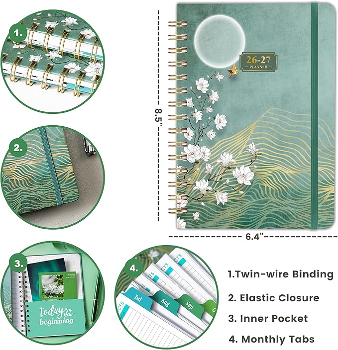 Planner 2026-2027 - JUL. 2026 - JUN. 2027, 2026-2027 Planner Weekly and Monthly, 26-27 Academic Planner, Weekly and Monthly Planner with Colorful Tabs, Premium Paper, Twin-wire Binding - Hardcover (6.4" x 8.5", Green, Back Pocket)