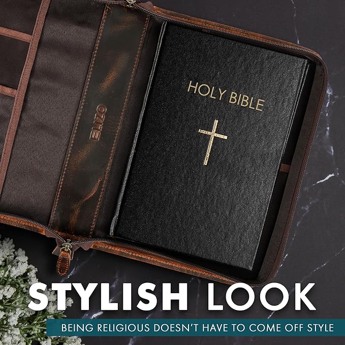 ELIZO Leather Bible Cover Case for Men Women Genuine Leather Bible Bag Holder Cross Large Carrying with Zipper Case Protector Christian Religious Gifts for Mens Timber Study