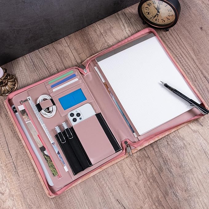 Pink PU Embossed Leather Padfolio for Women, A4 Document Holder with Zipper, Cheque and Legal Notepad Holder, Interview Binder for Women, Work Portfolio Organizer, Personalized Portfolios for Girls