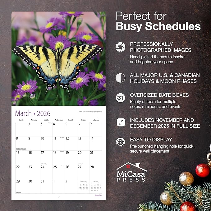MICASA PRESS Butterflies 2026 Wall Calendar 12 Month | 12" x 24" Open | Thick & Sturdy Paper | Giftable | Animal Calendar 2026