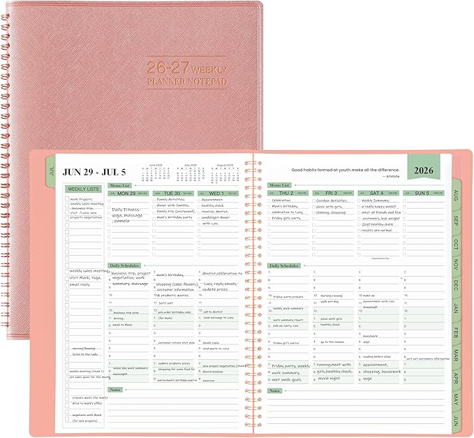 Planner 2026-2027 - 11.38'' x 8.74'', Weekly & Monthly Planner Notepad 2026-2027, JUL. 2026 - JUN. 2027, Appointment Book, 60 Minutes Interval, Monthly Tabs, Faux Soft Leather, Spiral Bound - Rose Golden