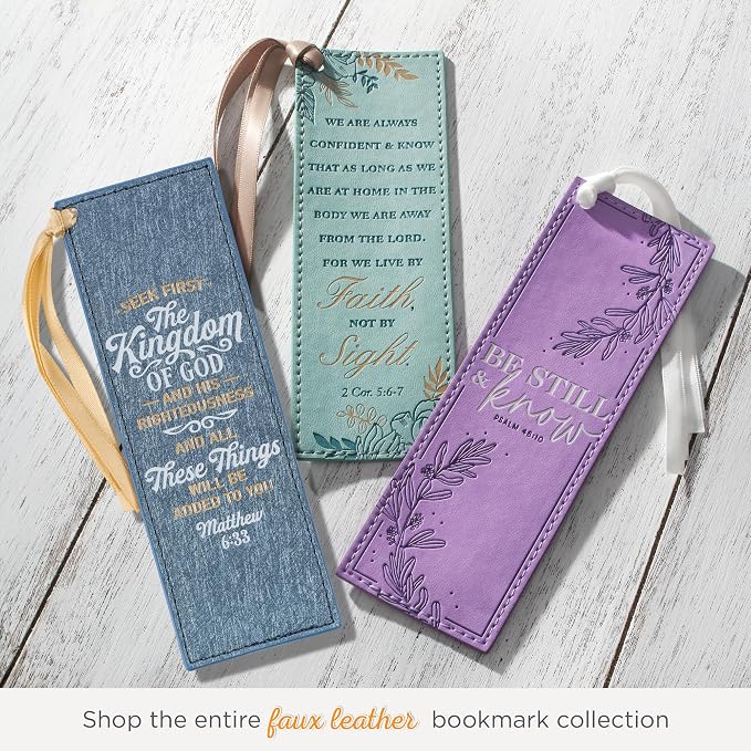 Christian Art Gifts Sparkly Metallic Blue Faux Leather Bookmark for Women: Seek First the Kingdom of God - Matthew 6:33 Inspirational Scripture Bible Verse for Reading Books w/Golden Satin Ribbon
