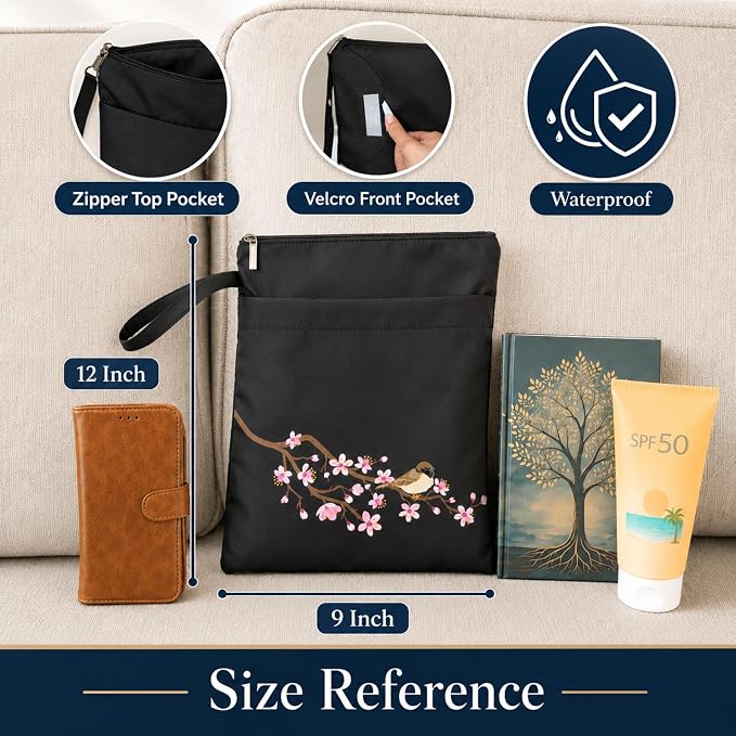 The Story Satchel Book Sleeve with Spacious Front Pocket - A Waterproof Protector Book Bag Pouch with Zipper - Perfect Book Lovers Gifts for Hardcover or Paperback (Bird Black)